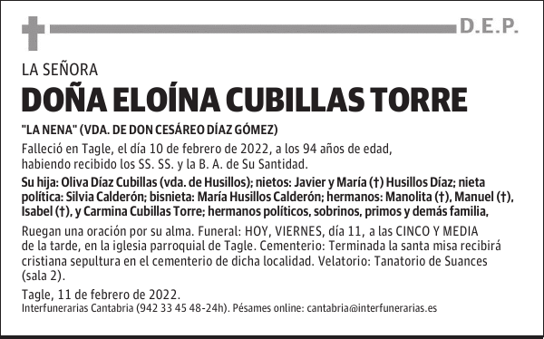 DOÑA ELOÍNA CUBILLAS TORRE