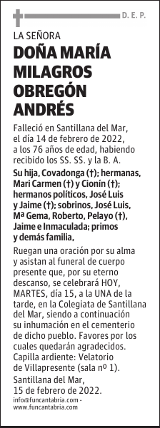 DOÑA MARÍA MILAGROS OBREGÓN ANDRÉS