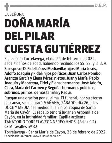 DOÑA MARÍA DEL PILAR CUESTA GUTIÉRREZ