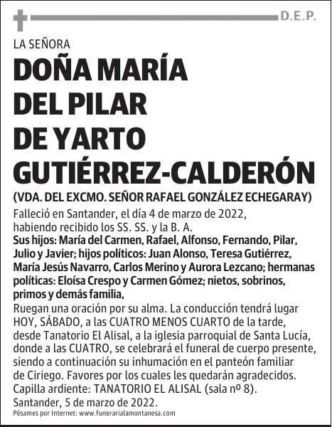 DOÑA MARÍA DEL PILAR DE YARTO GUTIÉRREZ-CALDERÓN