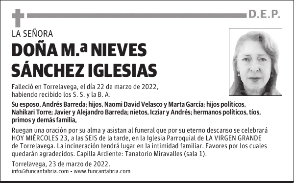 DOÑA Mª NIEVES SÁNCHEZ IGLESIAS