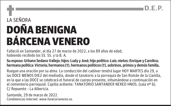 DOÑA BENIGNA BÁRCENA VENERO