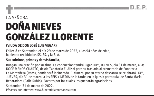 DOÑA NIEVES GONZÁLEZ LLORENTE