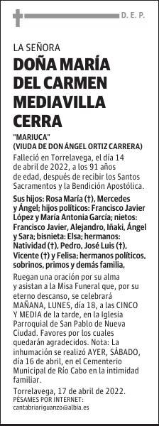 DOÑA MARÍA DEL CARMEN MEDIAVILLA CERRA