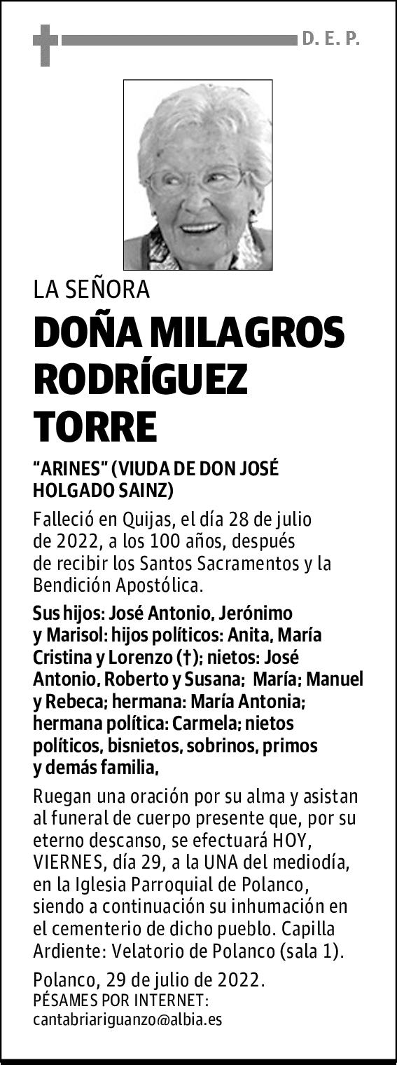 DOÑA MILAGROS RODRÍGUEZ TORRE