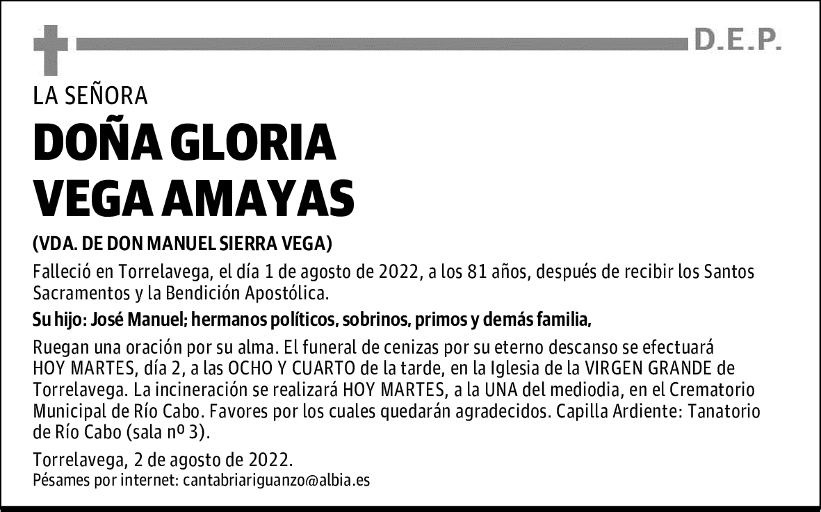 DOÑA GLORIA VEGA AMAYAS
