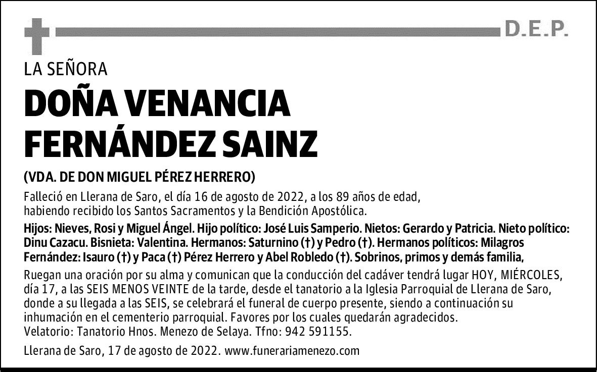 DOÑA VENANCIA FERNÁNDEZ SAINZ