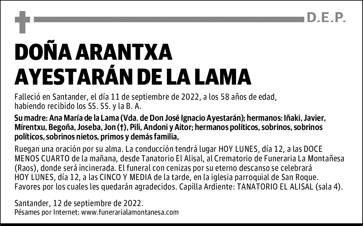 DOÑA ARANTXA AYESTARÁN DE LA LAMA