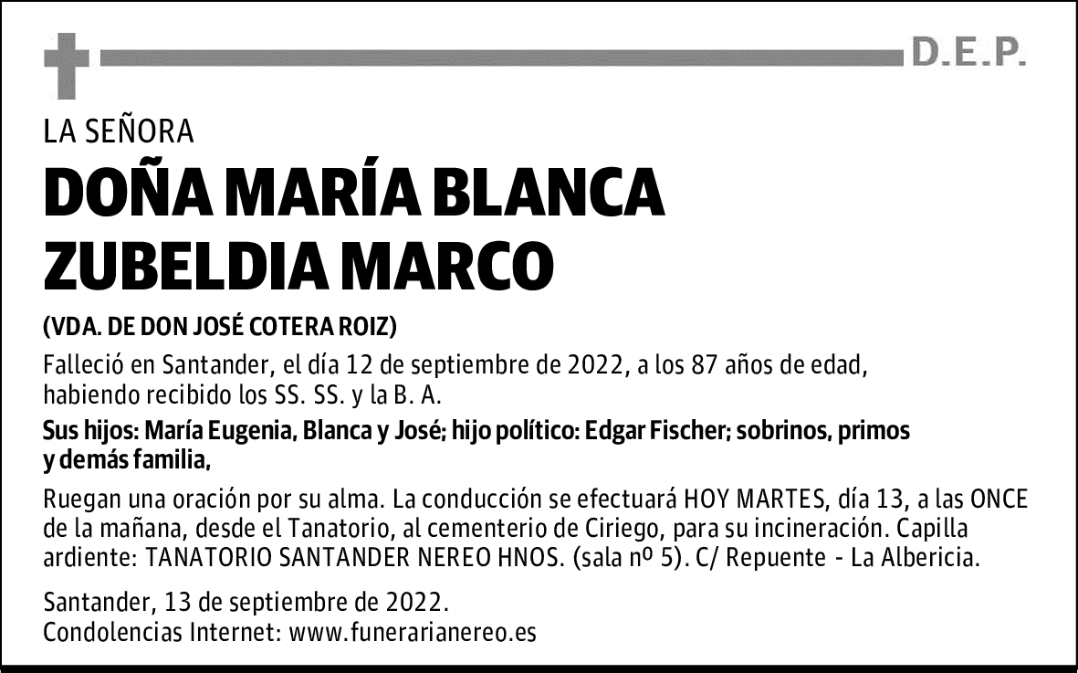 DOÑA MARÍA BLANCA ZUBELDIA MARCO