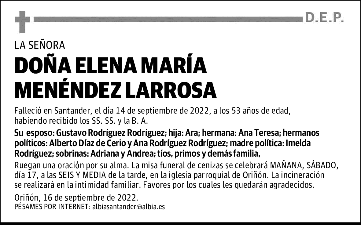 DOÑA ELENA MARÍA MENÉNDEZ LARROSA