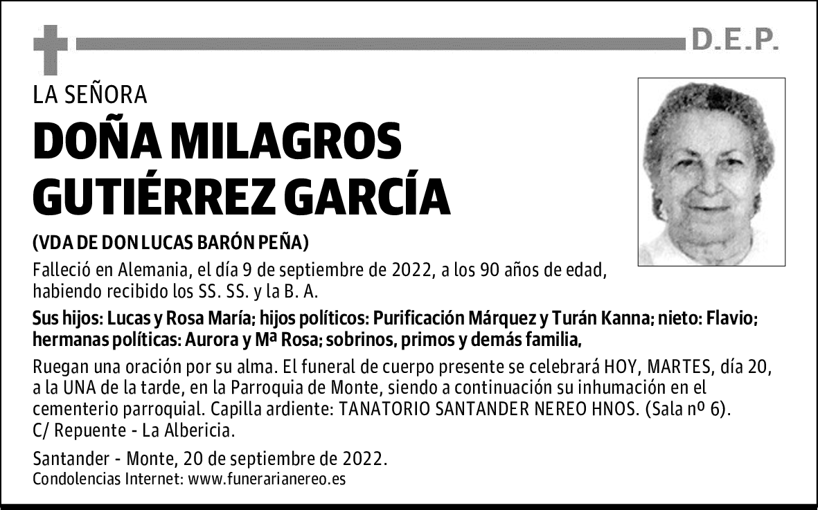 DOÑA MILAGROS GUTIÉRREZ GARCÍA