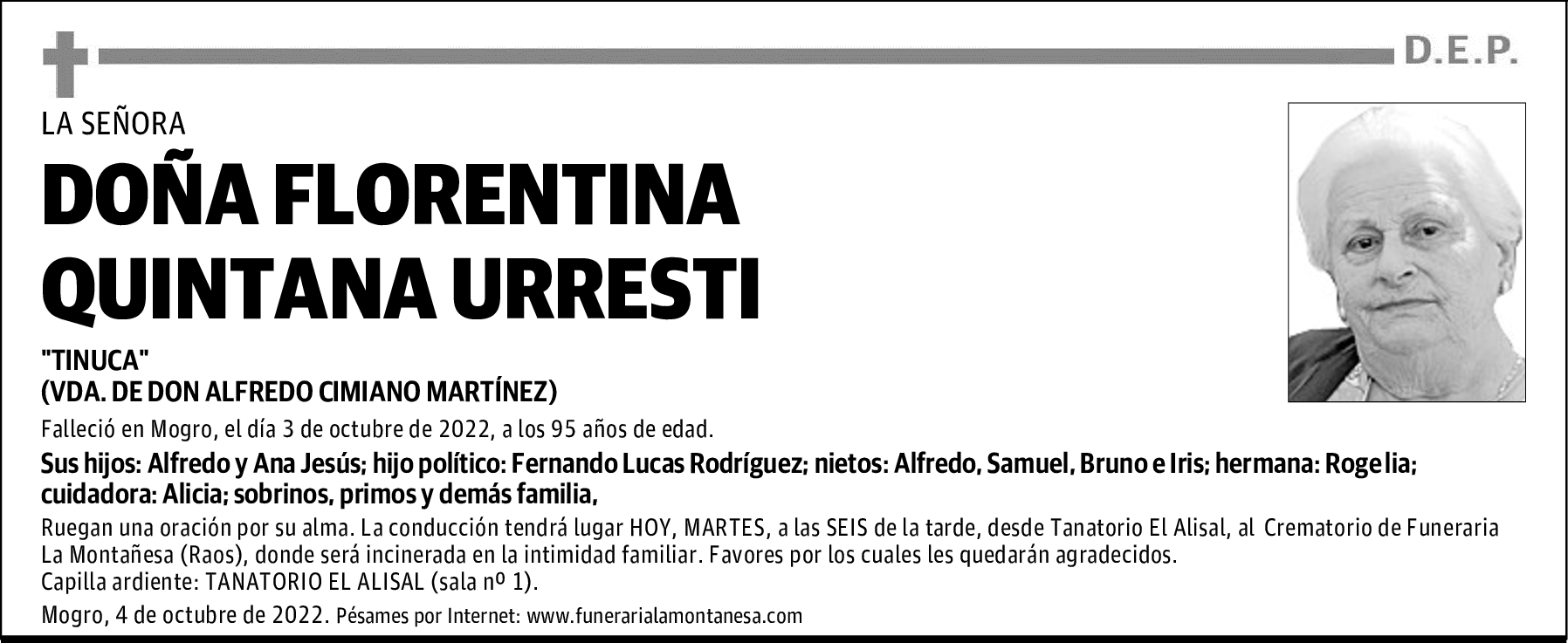 DOÑA FLORENTINA QUINTANA URRESTI
