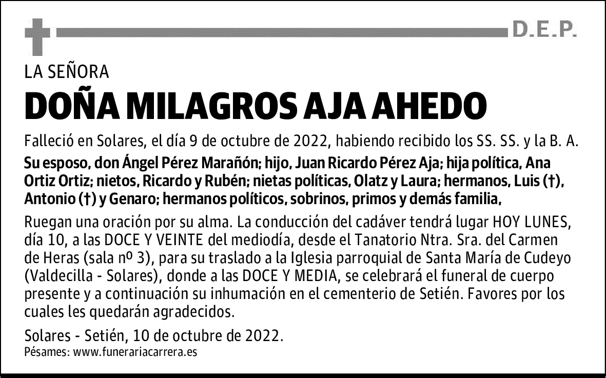 DOÑA MILAGROS AJA AHEDO