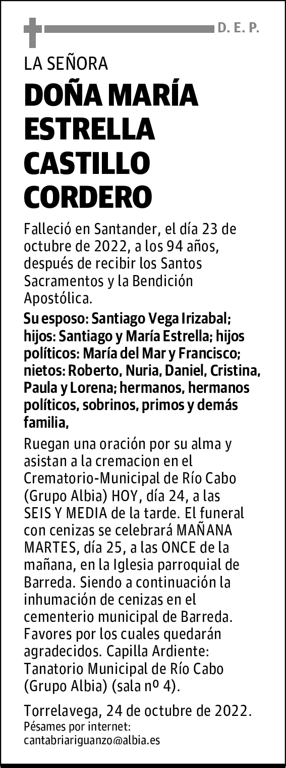 DOÑA MARÍA ESTRELLA CASTILLO CORDERO