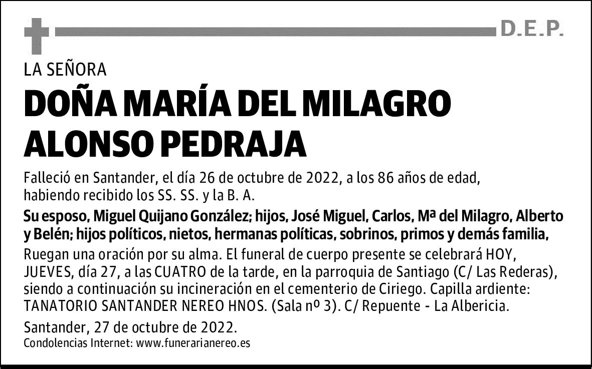 DOÑA MARÍA DEL MILAGRO ALONSO PEDRAJA