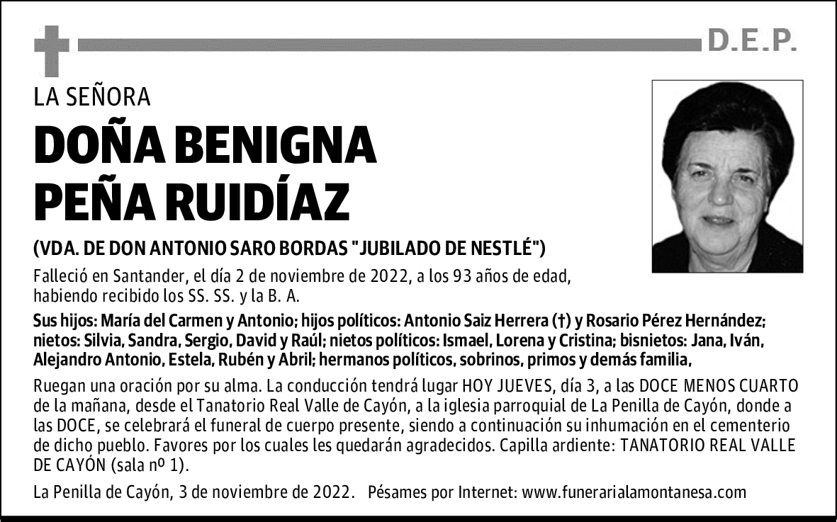 DOÑA BENIGNA PEÑA RUIDÍAZ