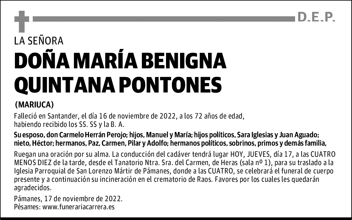 DOÑA MARÍA BENIGNA QUINTANA PONTONES