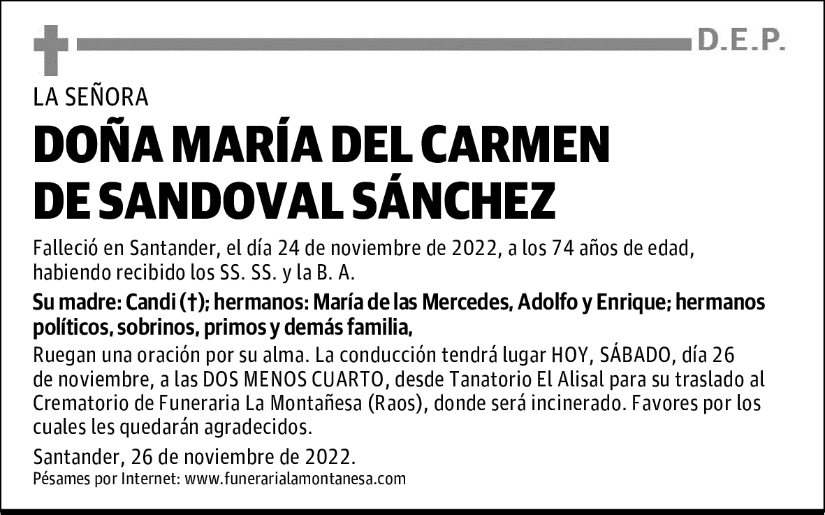 DOÑA MARÍA DEL CARMEN DE SANDOVAL SÁNCHEZ