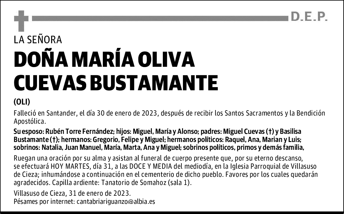 DOÑA MARÍA OLIVA CUEVAS BUSTAMANTE