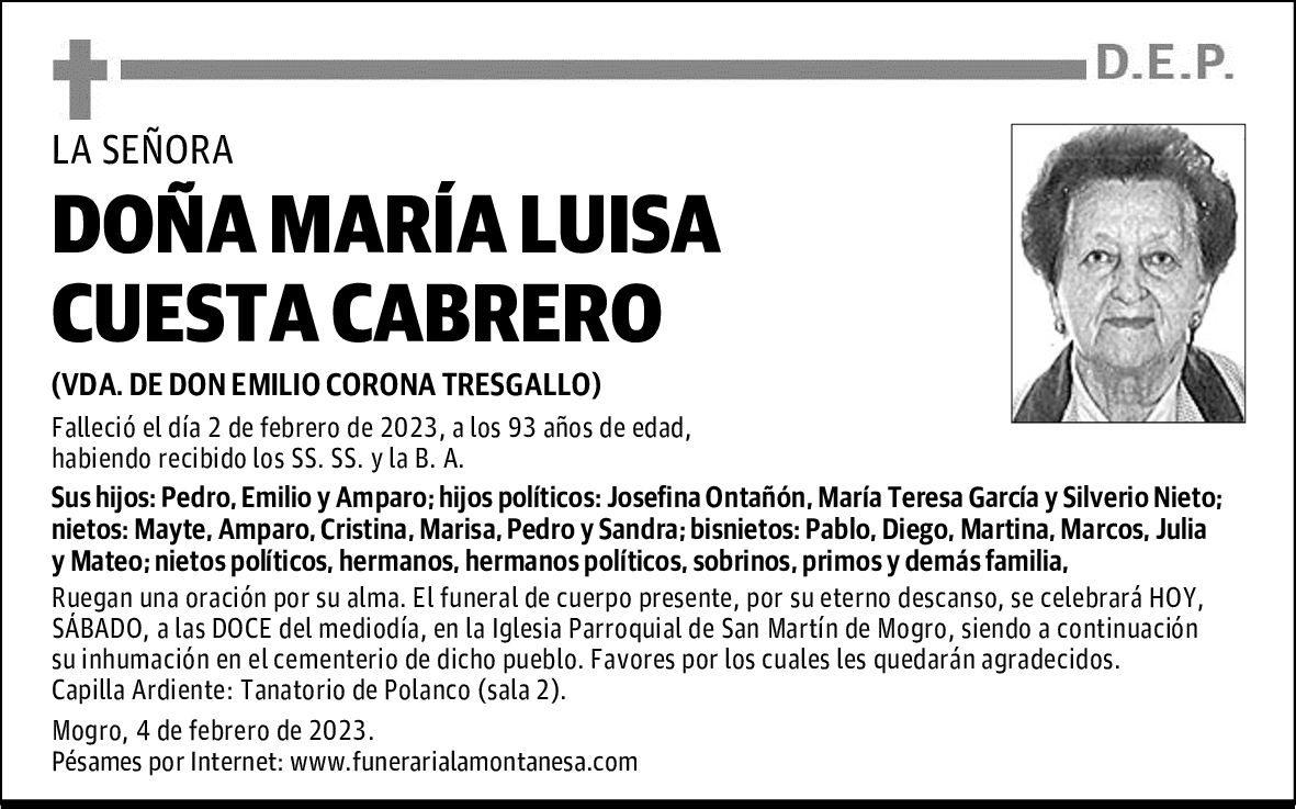 DOÑA MARÍA LUISA CUESTA CABRERO