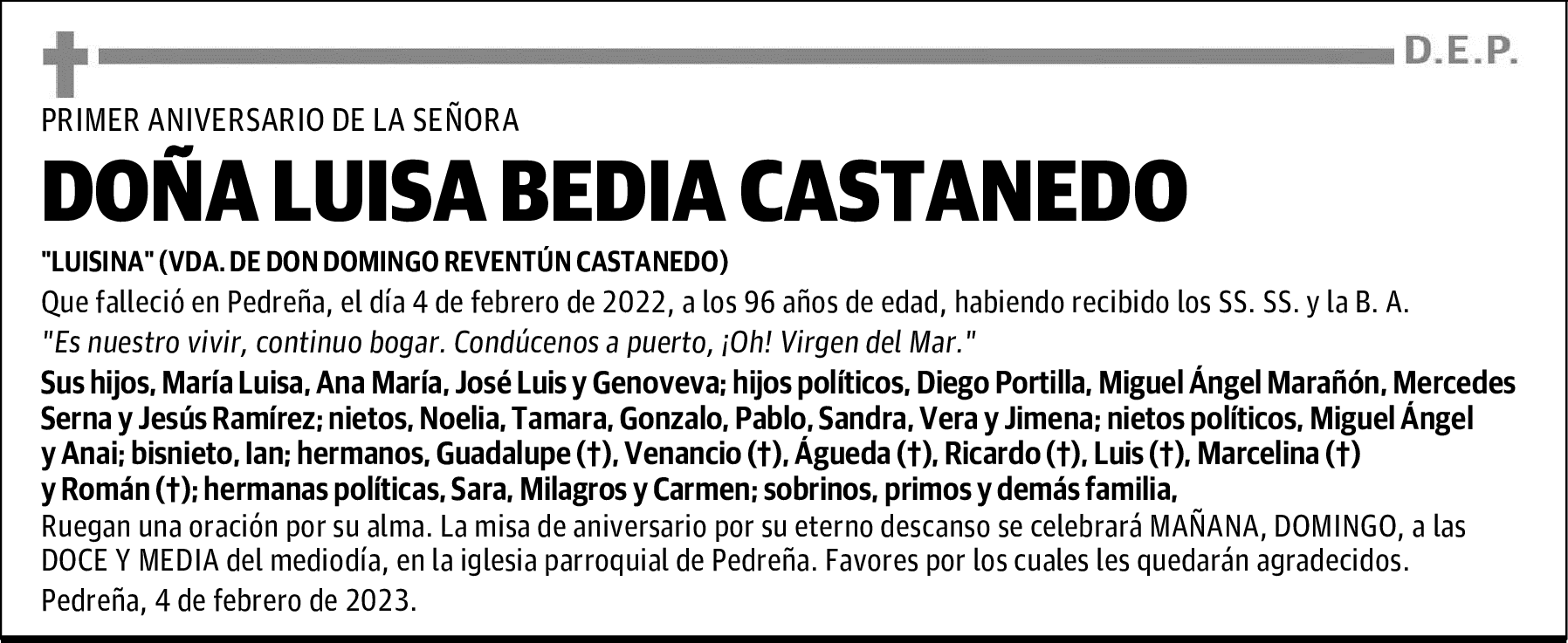 DOÑA LUISA BEDIA CASTANEDO