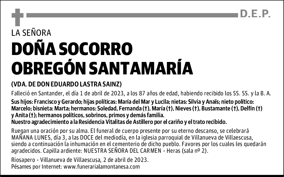 DOÑA SOCORRO OBREGÓN SANTAMARÍA