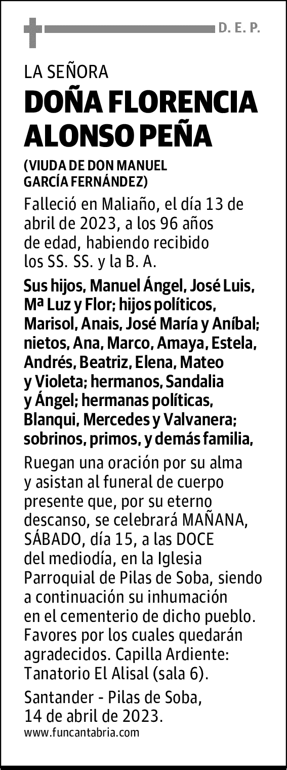 DOÑA FLORENCIA ALONSO PEÑA