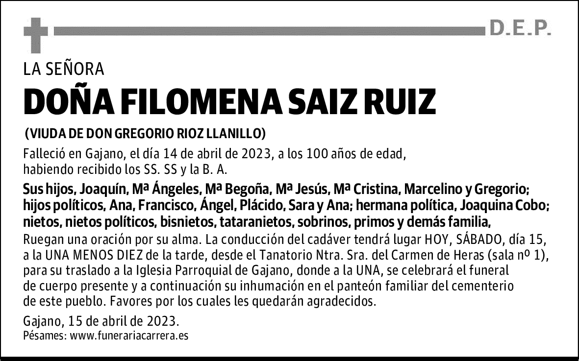 DOÑA FILOMENA SAIZ RUIZ