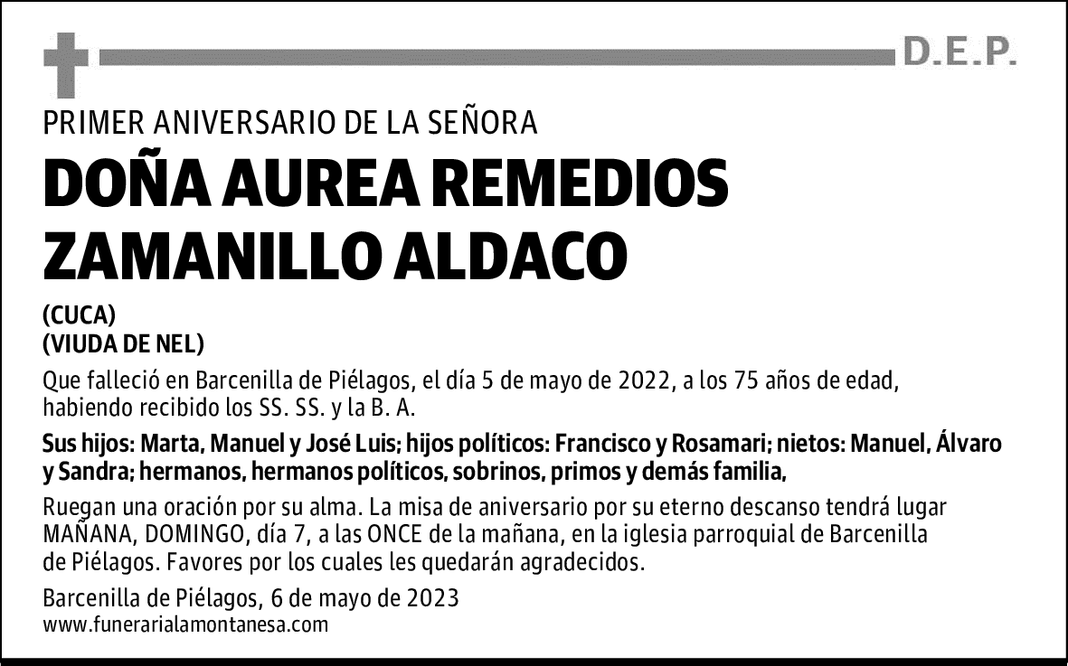 DOÑA AUREA REMEDIOS ZAMANILLO ALDACO