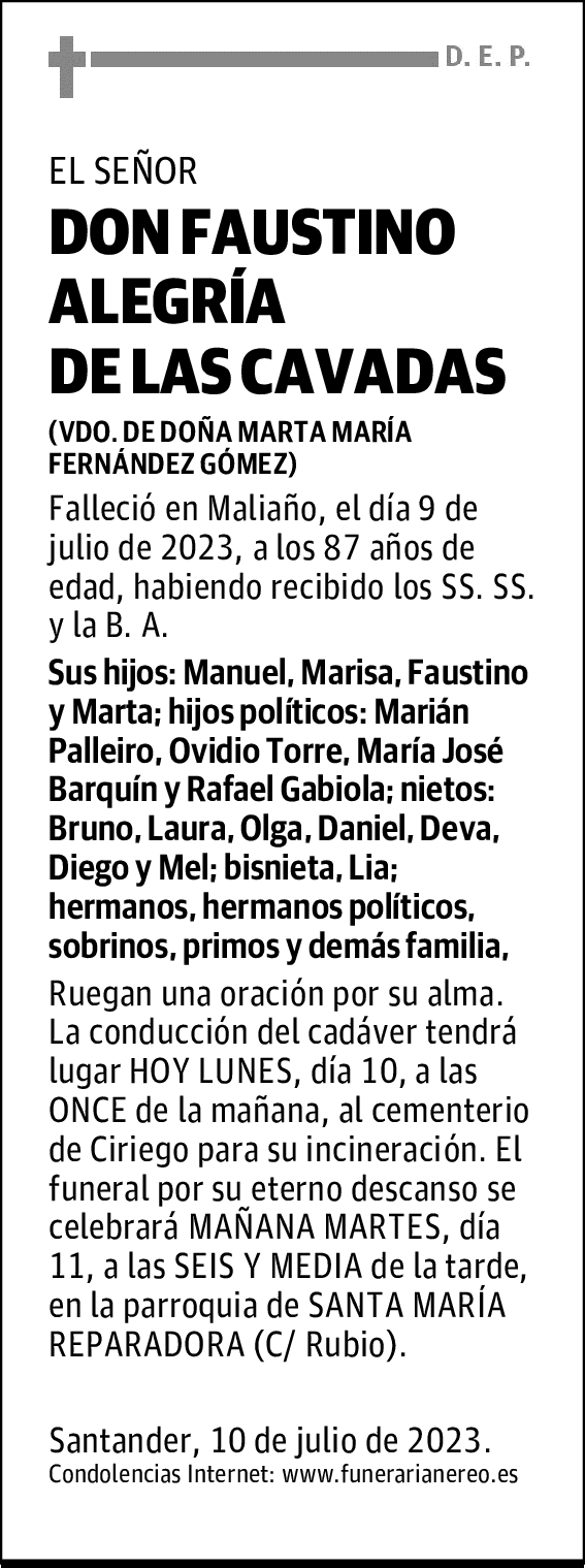 DON FAUSTINO ALEGRÍA DE LAS CAVADAS