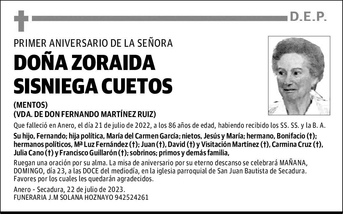 DOÑA ZORAIDA SISNIEGA CUETOS