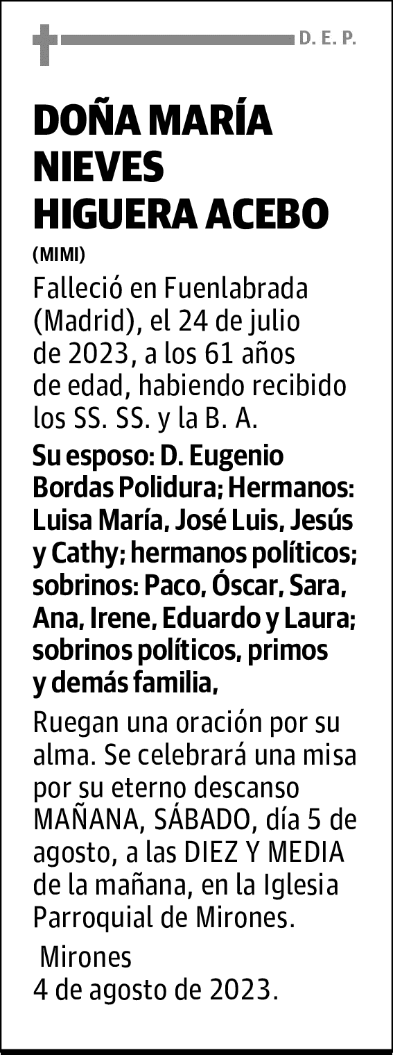 DOÑA MARÍA NIEVES HIGUERA ACEBO