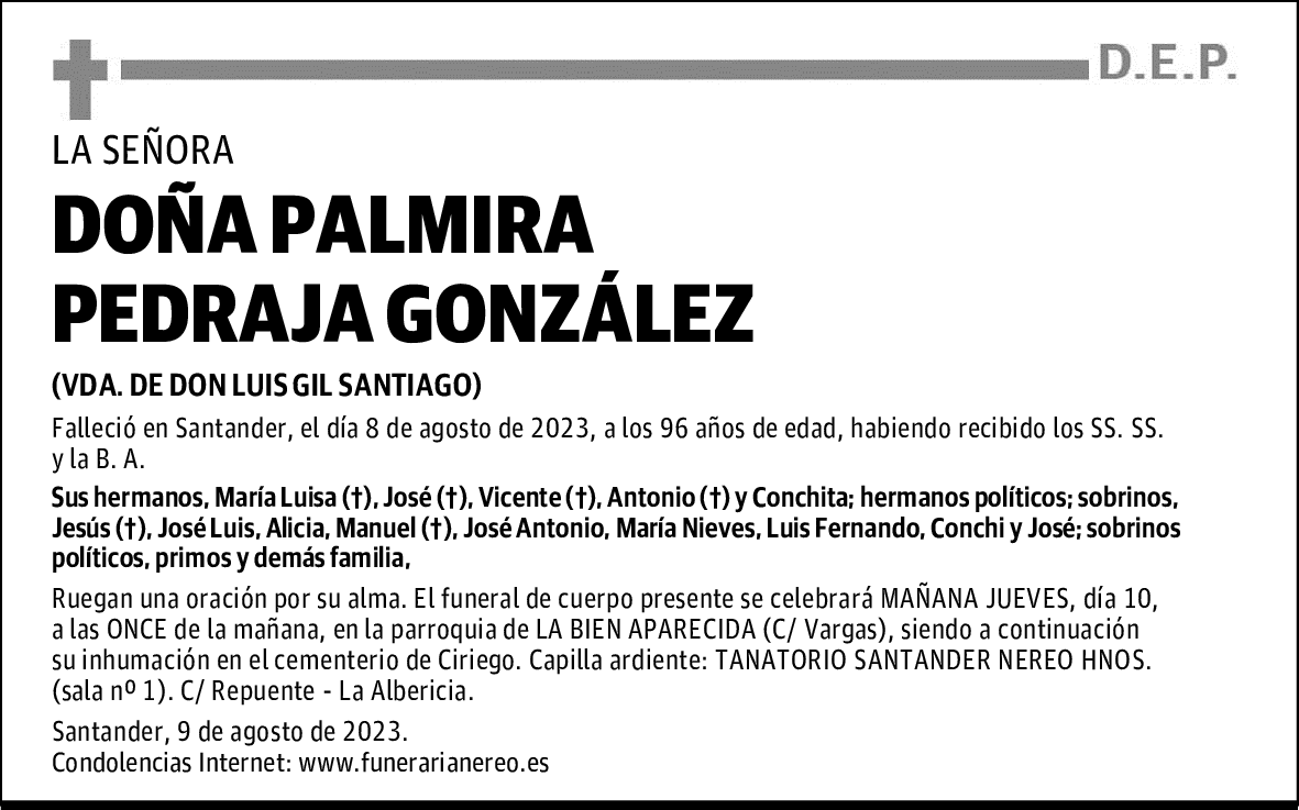 DOÑA PALMIRA PEDRAJA GONZÁLEZ