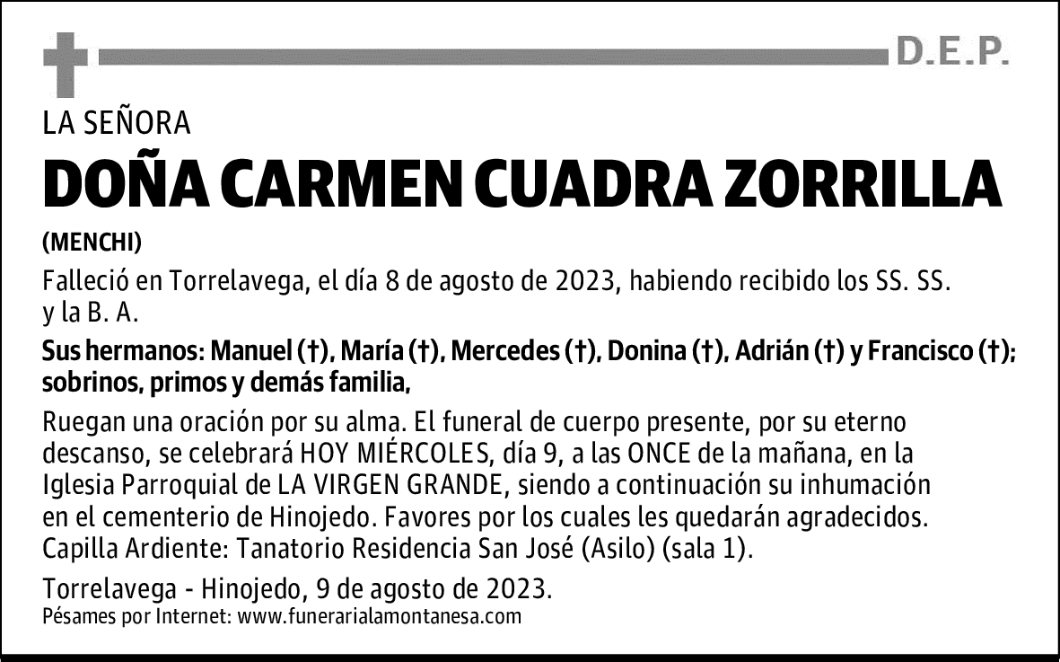 DOÑA CARMEN CUADRA ZORRILLA