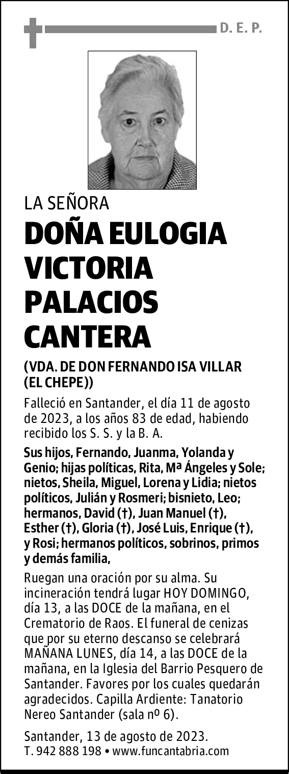 DOÑA EULOGIA VICTORIA PALACIOS CANTERA