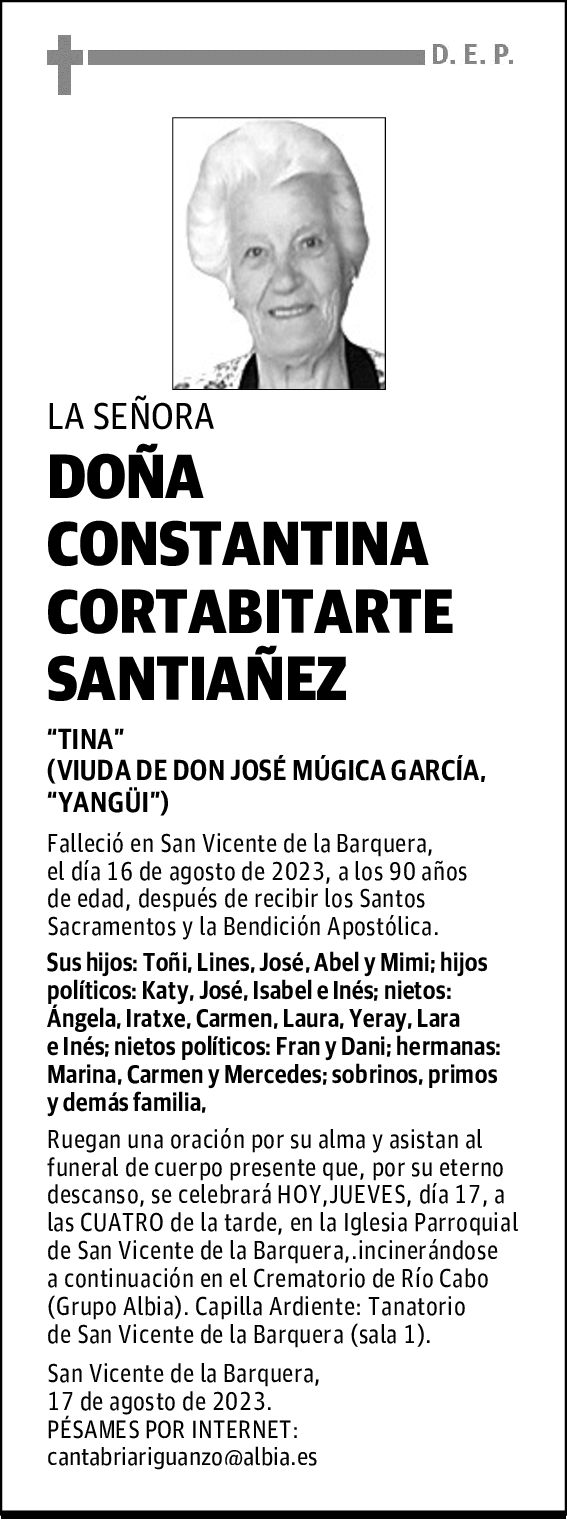 DOÑA CONSTANTINA CORTABITARTE SANTIAÑEZ