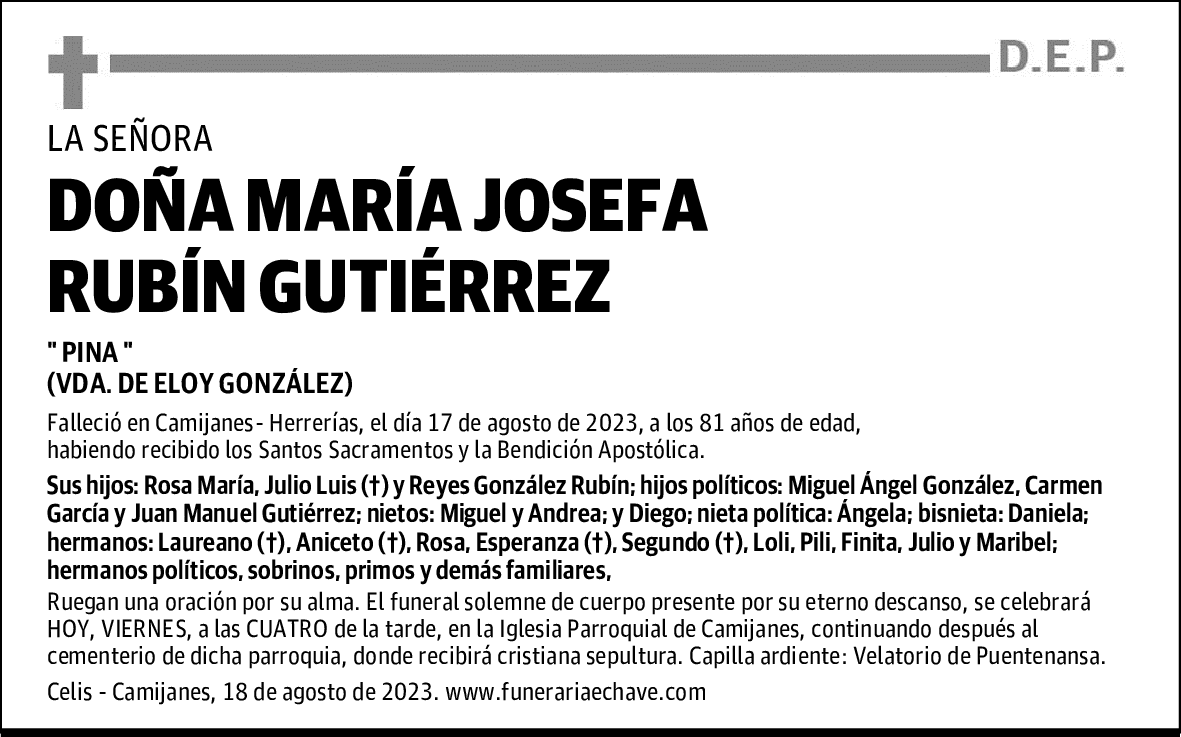 DOÑA MARÍA JOSEFA RUBÍN GUTIÉRREZ