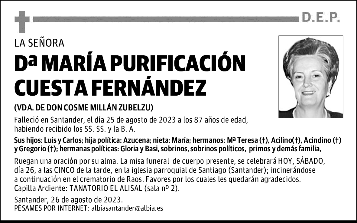 DOÑA MARÍA PURIFICACIÓN CUESTA FERNÁNDEZZ
