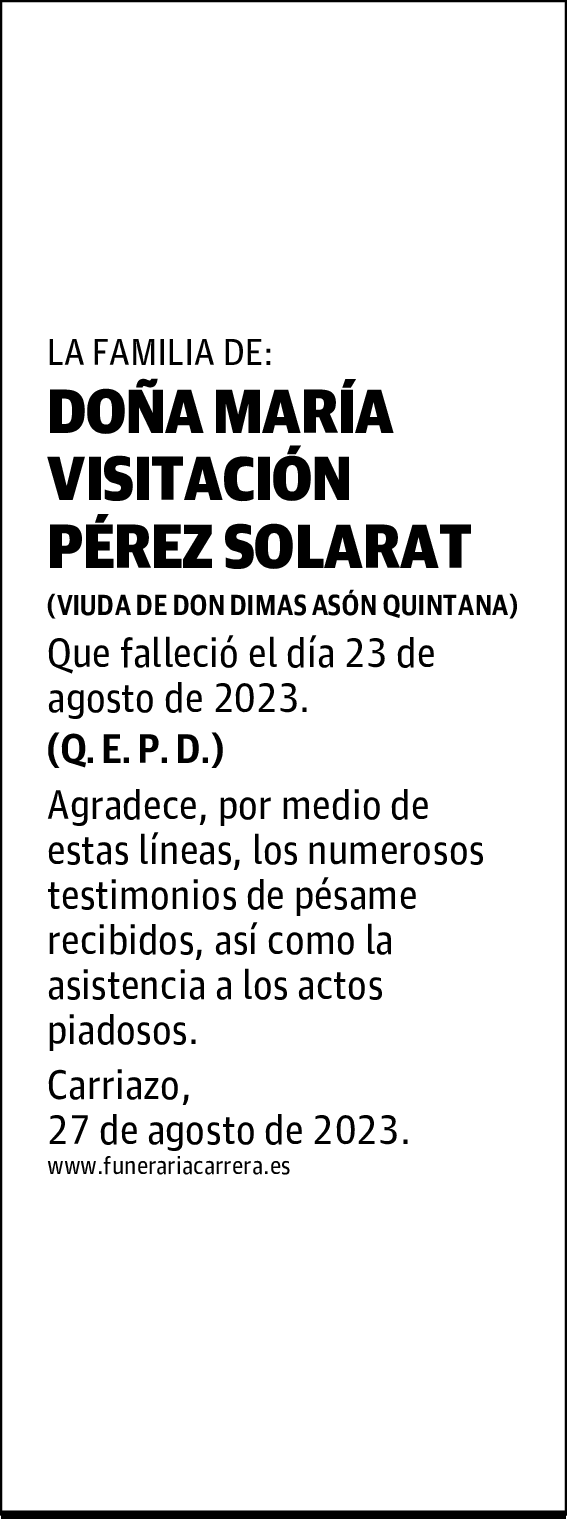 DOÑA MARÍA VISITACIÓN PÉREZ SOLARAT