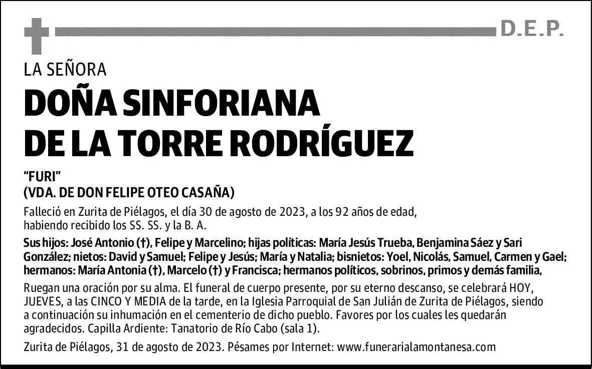 DOÑA SINFORIANA DE LA TORRE RODRÍGUEZ