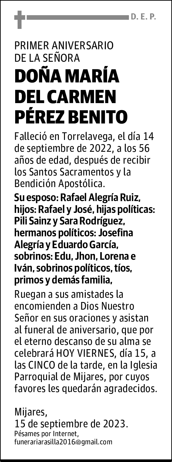 DOÑA MARÍA DEL CARMEN PÉREZ BENITO