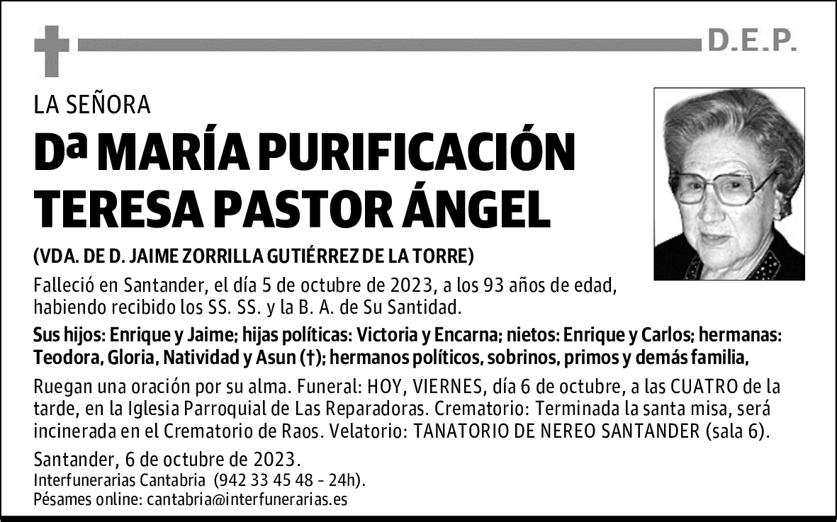 DOÑA MARÍA PURIFICACIÓN TERESA PASTOR ÁNGEL