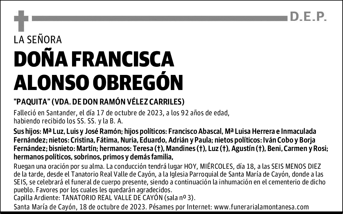 DOÑA FRANCISCA ALONSO OBREGÓN