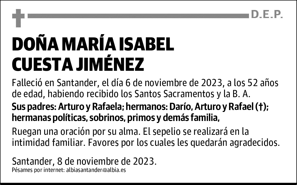 DOÑA MARÍA ISABEL CUESTA JIMÉNEZ