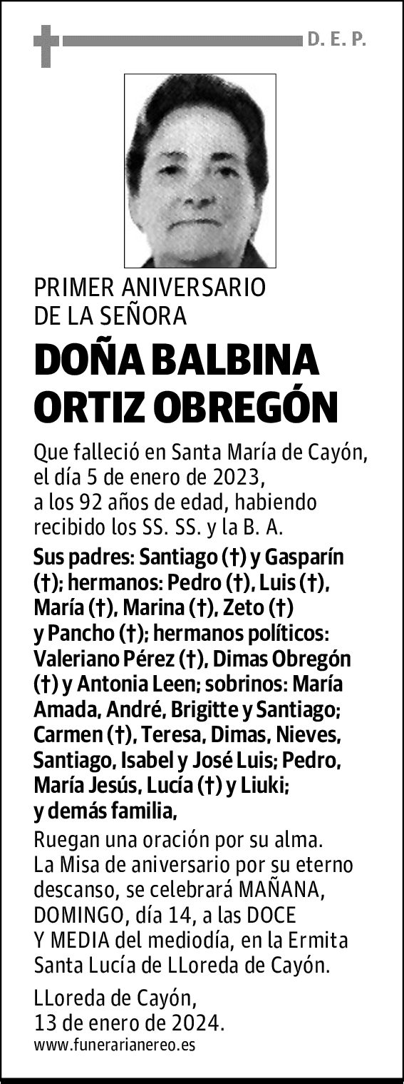 DOÑA BALBINA ORTIZ OBREGÓN