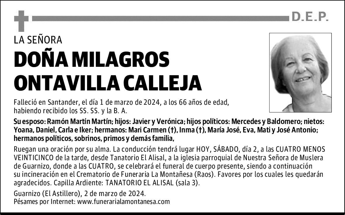 DOÑA MILAGROS ONTAVILLA CALLEJA