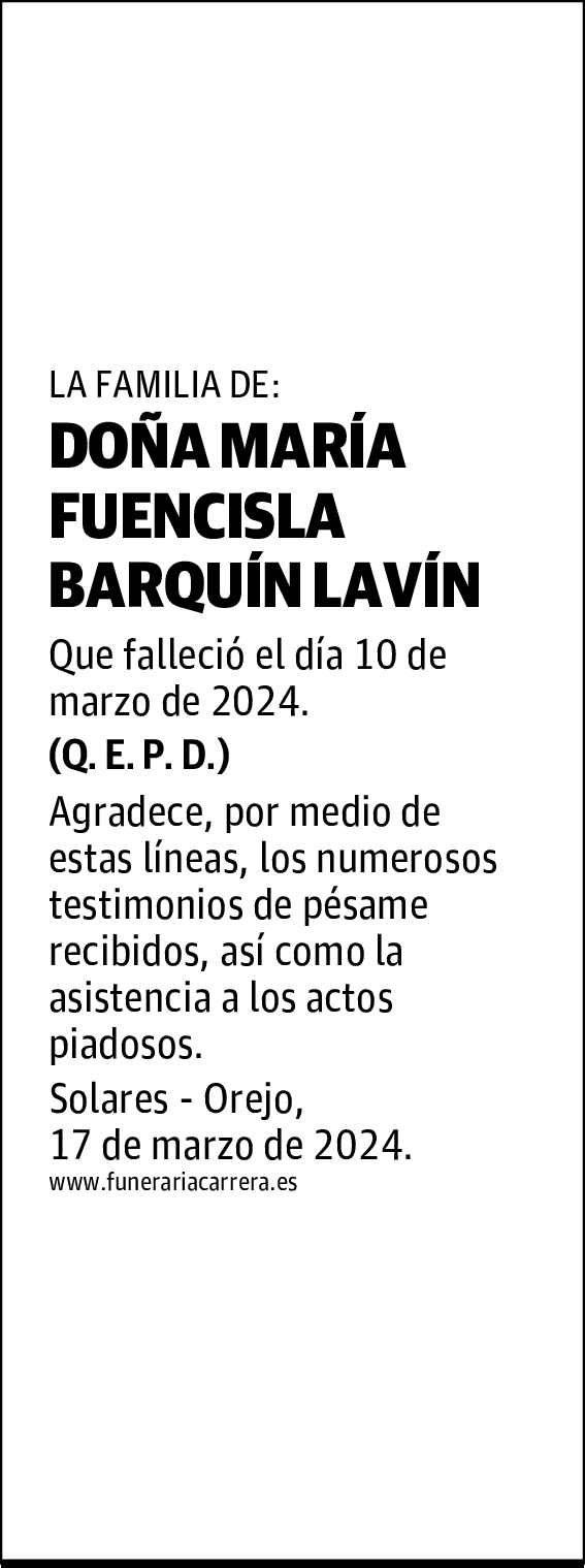 DOÑA MARÍA FUENCISLA BARQUÍN LAVÍN