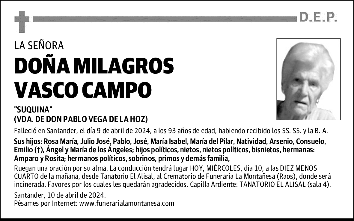 DOÑA MILAGROS VASCO CAMPO