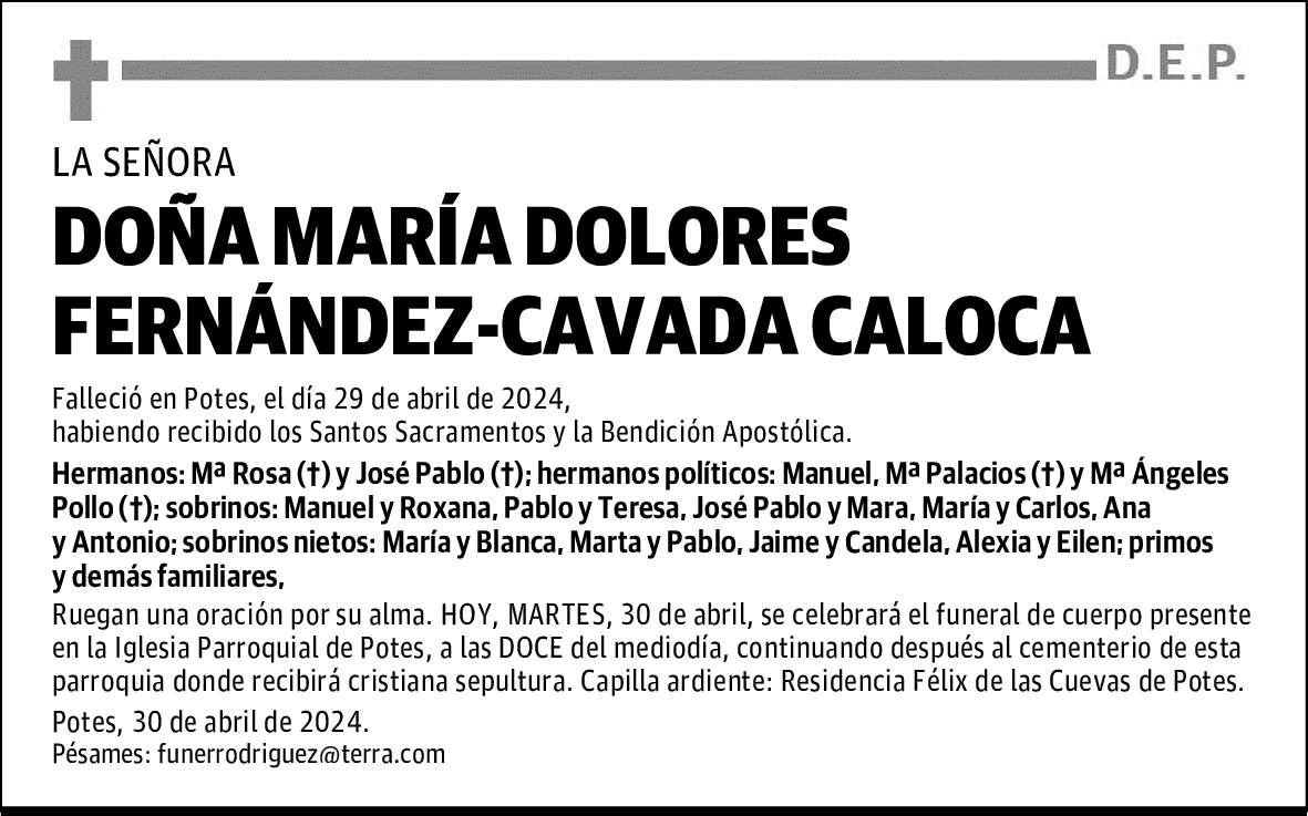 DOÑA MARÍA DOLORES FERNÁNDEZ-CAVADA CALOCA