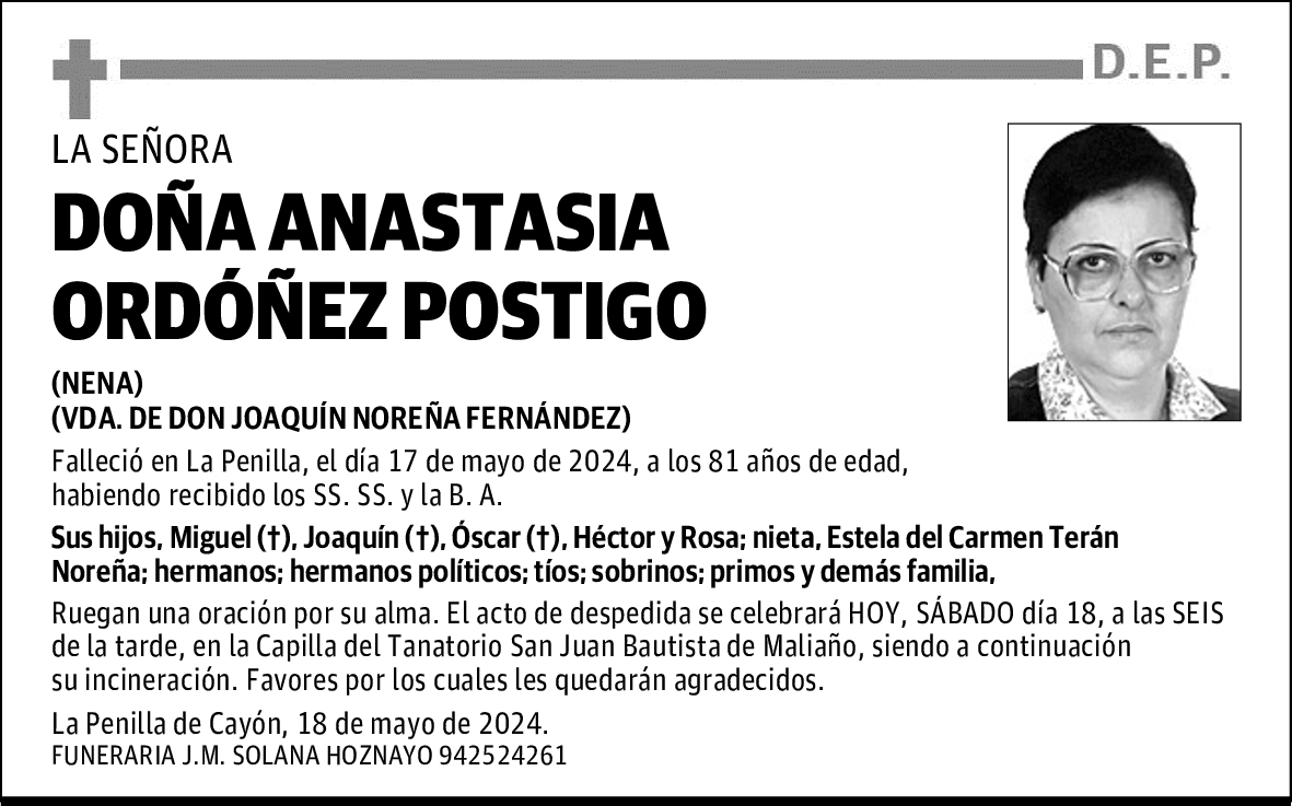 DOÑA ANASTASIA ORDÓÑEZ POSTIGO